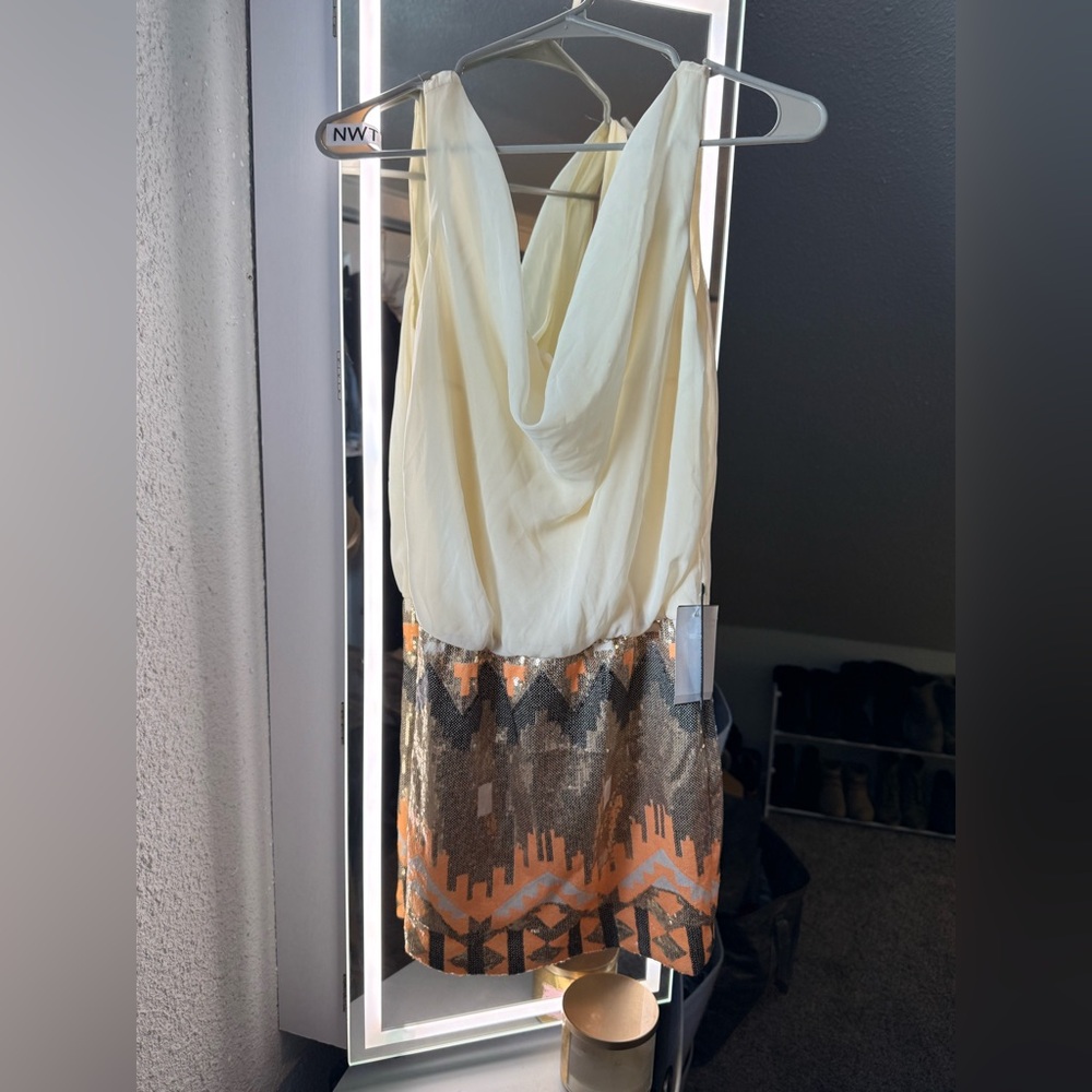 As U Wish Cream and Orange Aztec Pattern Party Dress